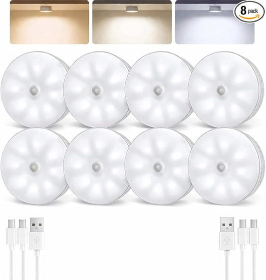 EZVALO 8 Pack Motion Sensor Closet Lights, 1200mAh Rechargeable Under Cabinet Lights, Night Lights, Puck Lights, Dimmable, 3 Color Temps, Magnetic, Stick-On for Kitchen, Stairs, Closet