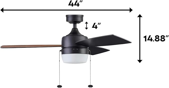 Honeywell Ceiling Fans Barcadero Contemporary 44 Inch Ceiling Fan with Light, Pull Chain, LED Indoor Fan with 3 Blades, Matte Black (51476-01)