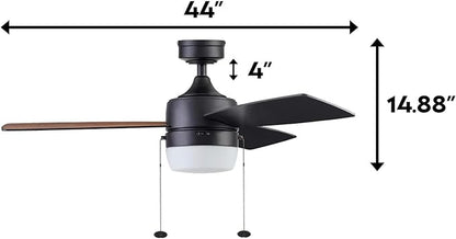 Honeywell Ceiling Fans Barcadero Contemporary 44 Inch Ceiling Fan with Light, Pull Chain, LED Indoor Fan with 3 Blades, Matte Black (51476-01)