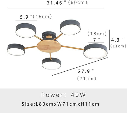 5-Lights LED Ceiling Light Fixture,32 Inch Modern Ceiling Lights Flush Mount Wooden 40W Dimmable Chandelier for Living Room Bedroom Kitchen,3000K/4000K/6000K Temperatures Selectable Grey