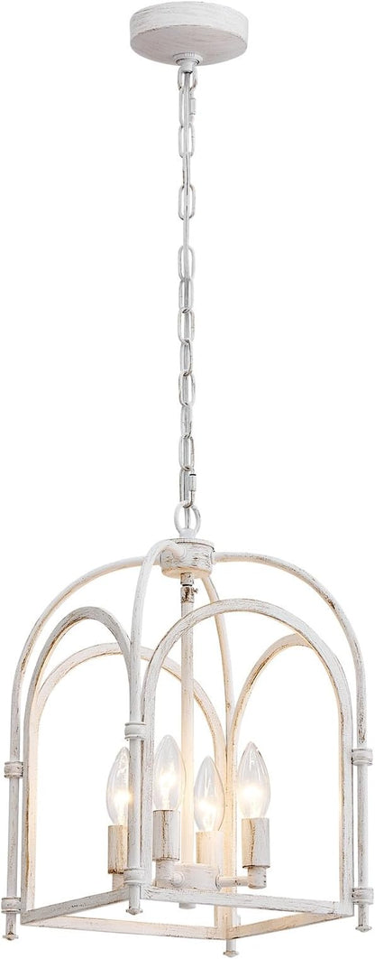 4-Light Chandeliers, Farmhouse White Chandelier for Dining Room Light Fixtures, Lantern Metal Kitchen Pendant Light Fixtures, Rustic Cage Chandelier for Bedroom Living Room Kitchen Island Hallway