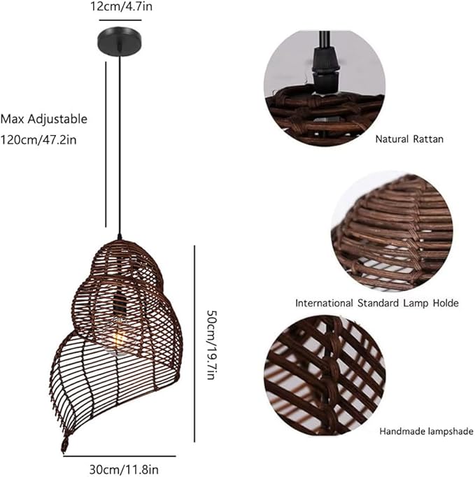 Retro Conch Pendant Lamp Hand Woven Ceiling Lighting Weave Bamboo Rattan E26 Hanging Light Fixture Retro Japanese Wicker Lamp Shade for Bedroom Restaurant Cafe Brown