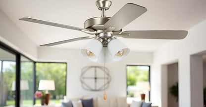 Aspen Creative 22011-2, Three-Light Ceiling Fan Light Kit with Pull Chain, Brushed Nickel Finish with Frosted Glass Shades, 13" Diameter x 6-3/4" Height