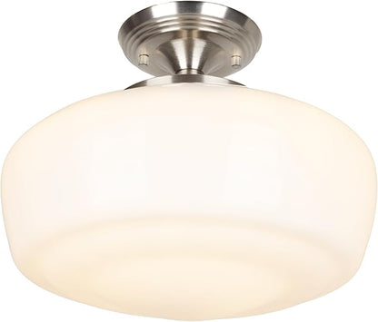 Large Schoolhouse Style Semi Flush Mount Ceiling Light Fixture, 14" Modern Hallway Ceiling Lamp with Opal Milk Glass Shade, Farmhouse Globe Light for Bedroom Kitchen Hallway Entryway, ROS588L SN