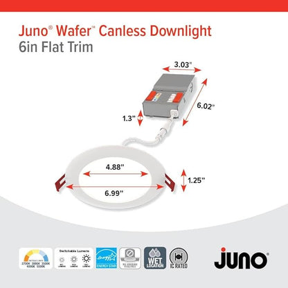 Juno LED Recessed Lights 6 Inch Round Baffle Wafer Downlight, 5-in-1 Switchable White Color Temperature, Adjustable Brightness, 120 Volts, 6-Inch Flat Trim, Matte White (24-Pack)