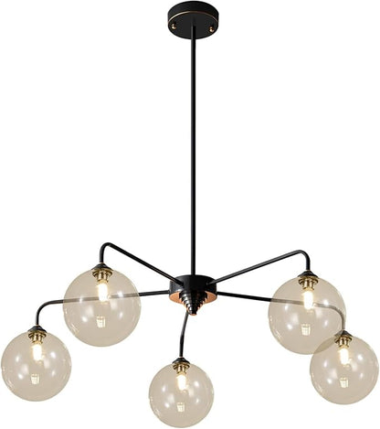 5 Light Black Sputnik Chandelier Mid Century Modern Chandelier with Cognac Clear Glass Globe Shade Pendant Light for Kitchen Dining Room