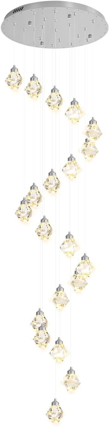 H142in Modern Crystal Chandeliers Large Chandeliers for High Ceiling Chrome Pendant Light Fixture 26-Lights Large Pendant Light for Staircase Living Room Hallway Entryway
