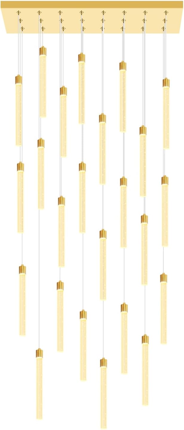 Modern Rectangular Crystal Chandeliers LED Dimmable Crystal Column Chandelier Living Room Foyer Crystals Pendant Light for Dining Room Adjustable Height 24-Light Gold