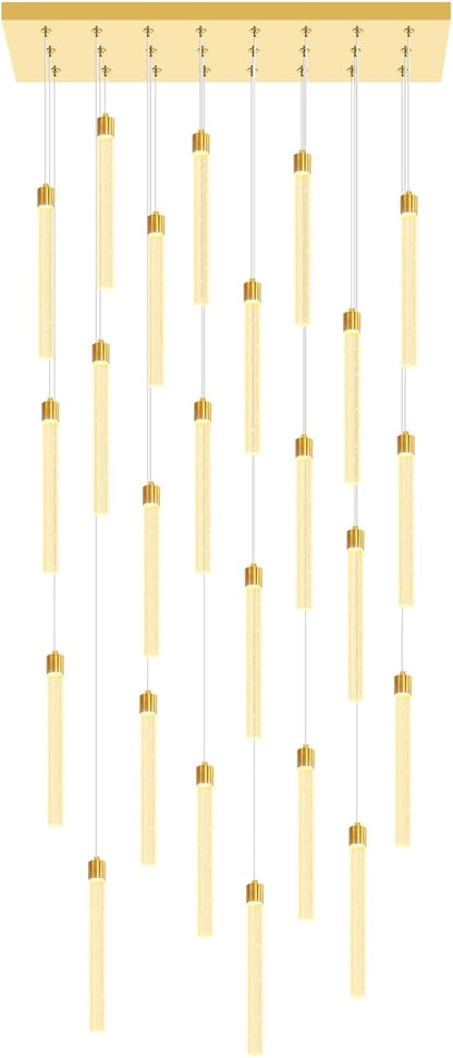 Modern Rectangular Crystal Chandeliers LED Dimmable Crystal Column Chandelier Living Room Foyer Crystals Pendant Light for Dining Room Adjustable Height 24-Light Gold