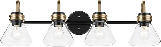 Kichler Farum 34" 4-Light Bathroom Vanity Light Fixture with Clear Glass in Black, Modern Wall Mount Over Mirror for Single or Double Vanity (34" W x 9.5" H), 55156BKCLR