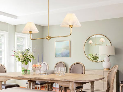 Gold Linear Chandelier, 2-Light Modern Chandelier for Dining Room Light Fixture, Kitchen Island Lighting with White Fabric Shade Linear Pendant Lights for Restaurant, Living Room, Bedroom