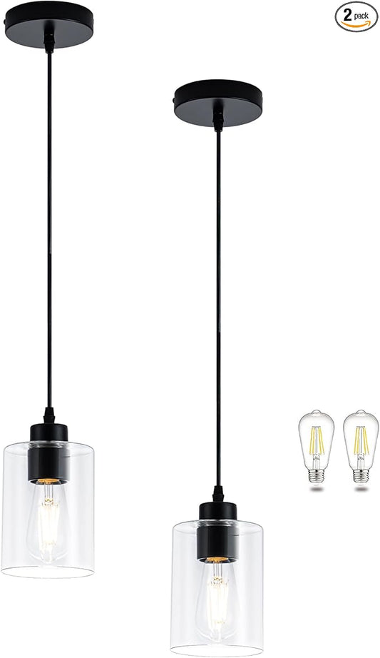 MAYNA 2 Pack Black Pendant Lights Kitchen Island, Mini Pendant Light Fixture with Clear Glass Shade, Adjustable Cord Industrial Farmhouse Hanging Ceiling Lamp for Dining Room, Sink, Bar(Bulb Included)