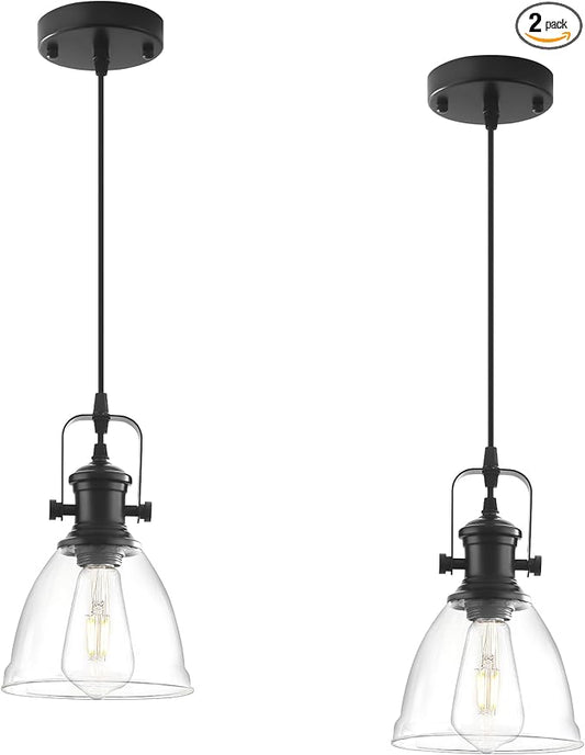 Black Pendant Lights Kitchen Island 2 Pack, Farmhouse Pendant Light, Industrial Clear Glass Pendant Light, 6.5 inches Kitchen Pendant Lighting Over Island Sink Dining Room