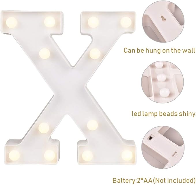 ODISTAR LED Light Up Marquee Letters, Battery Powered Sign Letter 26 Alphabet with Lights for Wedding Engagement Birthday Party Table Decoration bar Christmas Night Home,9’’, White (X)