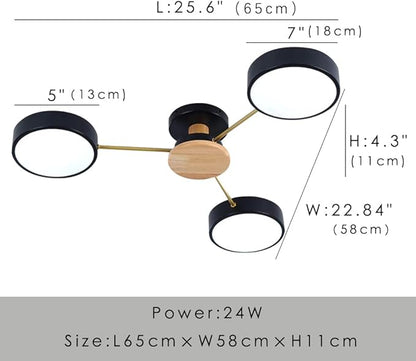 LED Ceiling Light Fixture,26 Inch 3-Lights Modern Ceiling Lights Flush Mount Wooden 24W Dimmable Chandelier for Living Room Bedroom Kitchen,3000K/4000K/6000K Temperatures Selectable Black