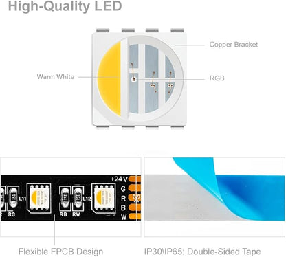 BTF-LIGHTING RGBW LED Strip Lights,UL Listed,5050 4 Colors in 1 RGB + 2700K-3000K Warm White,24V DC,16.4ft/5m 60LEDs/m 12mm Black PCB, IP65 Waterproof for Home Decoration(No Adapter or Controller)