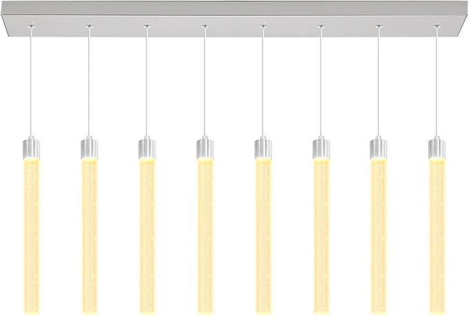 Modern LED Dimmable Crystal Column Chandelier Living Room Rectangular Crystal Chandelier Pendant Light for Dining Room Adjustable Height 8-Light Silver