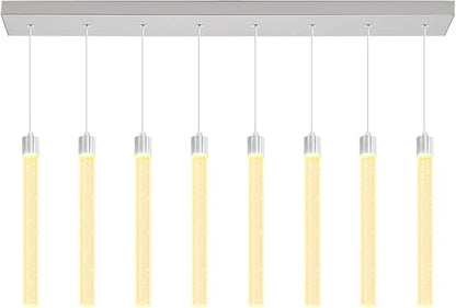 Modern LED Dimmable Crystal Column Chandelier Living Room Rectangular Crystal Chandelier Pendant Light for Dining Room Adjustable Height 8-Light Silver