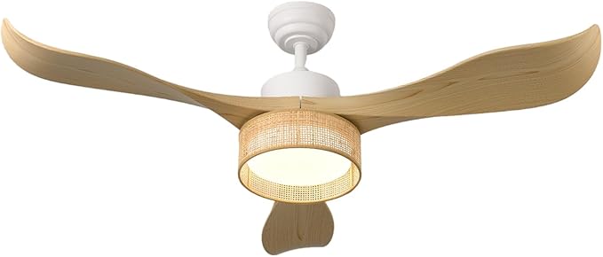 Eamonex 52 inches LED Bamboo DC Ceiling Fan with Light Fixture and Remote Control,Boho Wooden Bohemian Dimmable Rattan Wicker Fandelier for Indoor,Outdoor,Bedroom,Living room,Dining room