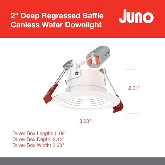 Juno WF2 Dreg B ALO25 SWW5 90CRI 120 MW M6 Canless Wafer Recessed LED Downlight, Deep Regressed Baffled Trim Style, 2-Inch, Matte White