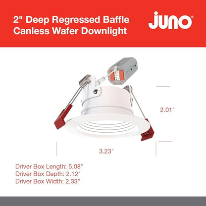 Juno WF2 Dreg B ALO25 SWW5 90CRI 120 MW M6 Canless Wafer Recessed LED Downlight, Deep Regressed Baffled Trim Style, 2-Inch, Matte White