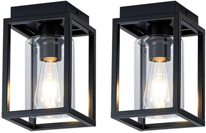 Mayful Flush Mount Ceiling Light Fixture with Clear Glass Shade, Farmhouse Black Metal Frame Light Fixture for Kitchen Island Entryway Porch Foyer Dining Room, E26 Ceramic Base,2 Pack