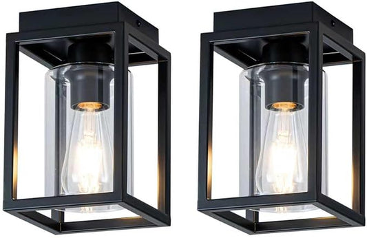 Mayful Flush Mount Ceiling Light Fixture with Clear Glass Shade, Farmhouse Black Metal Frame Light Fixture for Kitchen Island Entryway Porch Foyer Dining Room, E26 Ceramic Base,2 Pack