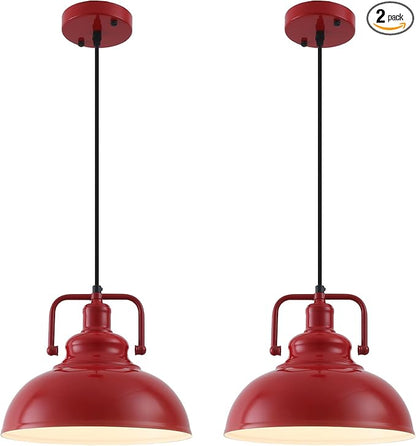 Red Farmhouse Pendant Lights 2 Packs, Metal Kitchen Island Lights, Industrial Vintage Pendant Light for Kitchen, Living Room, Bedroom, Hallway