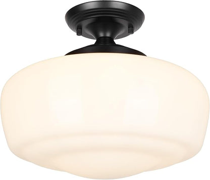 Large Schoolhouse Style Semi Flush Mount Ceiling Light Fixture, 14" Modern Hallway Ceiling Lamp with Opal Milk Glass Shade, Farmhouse Globe Light for Bedroom Kitchen Hallway Entryway Laundry