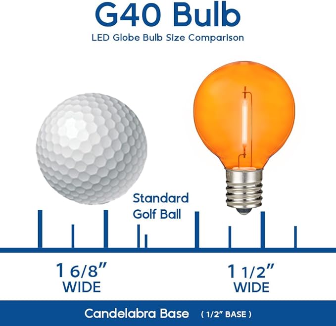 Novelty Lights G40 Filament LED String Light, Translucent Orange Bulbs, 25 Globe Lights with 12" Spacing on Green Wire, Indoor/Outdoor Festive Patio Lights