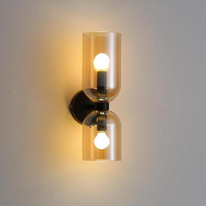Modern Glass Wall Sconces- Double Head Wall Lighting with Long Short Glass Shades- Bathroom Vanity Light Mid-Century Up Down Hardwired Wall Lamp Indoor for Bedroom Hallway Living (Black-Amber)