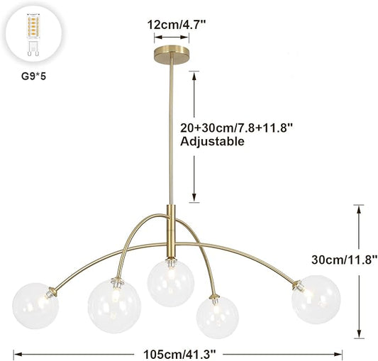 5 Light Modern Brass Chandelier Fixture White Clear Globe Glass Shade Pendant Light Gold Kitchen Ceiling Large Chandelier for Dining Room Kitchen Bedroom