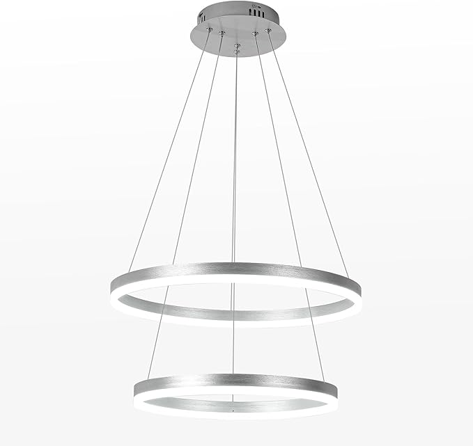 2-Rings Modern LED Chandelier Silver for Dining Room, Dimmable Pendant Lighting with Remote Control Circular Flush Mount High Ceiling Light for Bedroom Living Room Foyer, 3000K-6500K