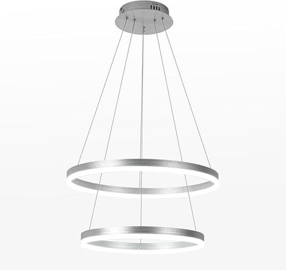 2-Rings Modern LED Chandelier Silver for Dining Room, Dimmable Pendant Lighting with Remote Control Circular Flush Mount High Ceiling Light for Bedroom Living Room Foyer, 3000K-6500K