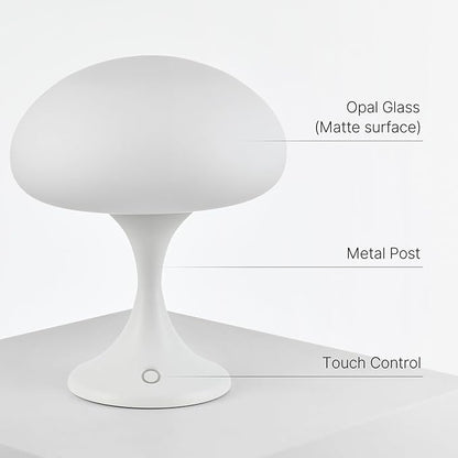 MAGCHARM Mushroom Lamp, 5W LED Cordless Rechargeable Table Lamp with Glass Shade, Small Retro Dimmable Touch Light with 3 Color Temps, Aesthetic Mid Century Bedside Light for Bedroom Ambient, White