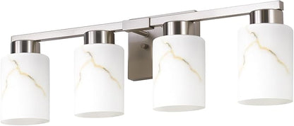 4-Light Bathroom Light Fixtures, Modern Vanity Lights, Brushed Nickel Metal Wall Lamp with White Marble Glass for Bathroom, Mirror, Living Room, Bedroom, Cabinet, Porch, Hallway, E26 Base
