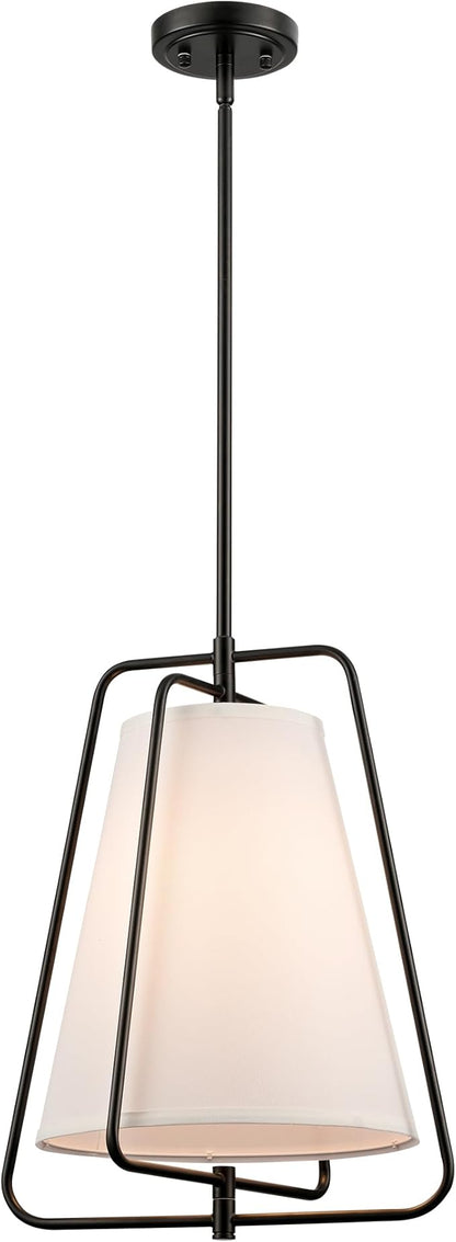 HYDELITE Vintage Black Pendant Light with 15" Off-White Linen Fabric Shade Adjustable Height Chandelier with Metal Frame for Kitchen Island Bedroom Dining Room Living Room