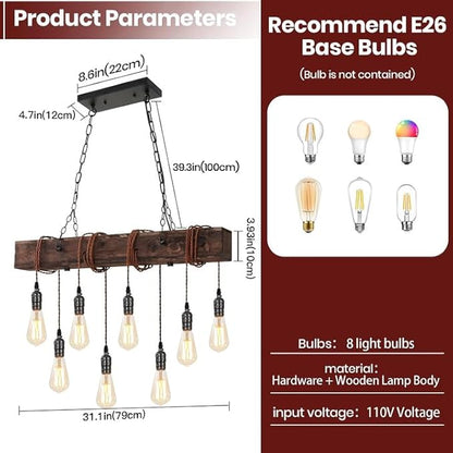 8-Lights Farmhouse Kitchen Island Pendant Light, Rustic Wood Chandeliers for Dining Room,Height Adjustable Island Light,Dining Room Bar Restaurant Cafe Pool Table.