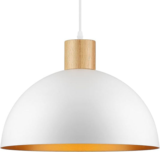White Pendant Light, 16" Wood Dome Pendant Lights Fixtures Adjustable Large Modern Hanging Lighting, for Kitchen Island Dining Room Farmhouse Bar Restaurant