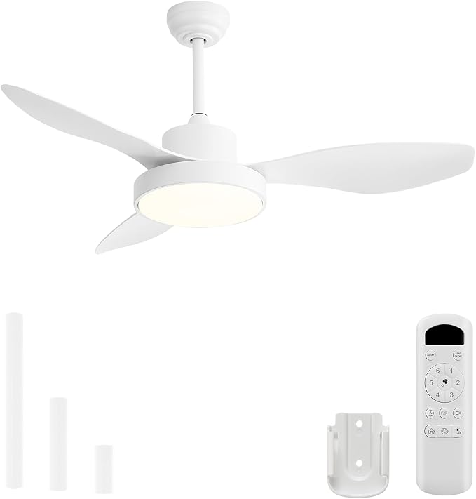 Sofucor 48 Inch Ceiling Fan with Lights and Remote Flush Mount Modern Outdoor Ceiling Fans with 3 CCT Dimmable, 6 Speed, Quiet DC Motor &Timer for Bedroom Patios Indoor White