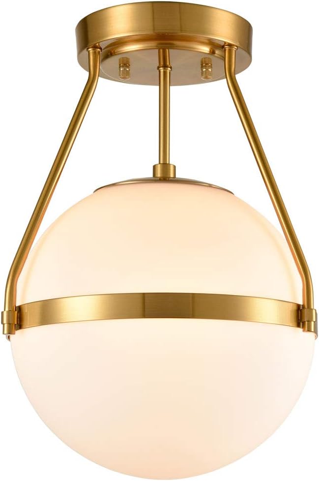 HOLKIRT Mid Century Modern Globe Semi Flush Mount Ceiling Light Fixture,White Opal with Brass Finish,Living/Dinning Room-Dimmable