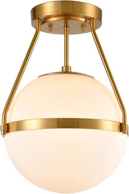 HOLKIRT Mid Century Modern Globe Semi Flush Mount Ceiling Light Fixture,White Opal with Brass Finish,Living/Dinning Room-Dimmable