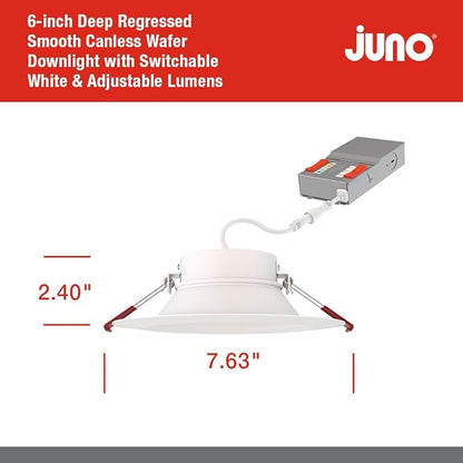 Juno LED Recessed Lights 6 Inch Round Wafer Downlight, 5-in-1 Switchable White Color Temperature, Adjustable Brightness, Deep Regressed Smooth Trim, 6-Inch, Matte White, 6-Pack