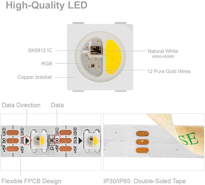 BTF-LIGHTING RGBW RGB+Natural White SK6812 (Similar WS2812B) 4 Colors in 1 LED Strip Individually Addressable 16.4ft 60Pixel/m 300LED Light Dream Color IP65 DC5V White PCB (No Adapter or Controller)