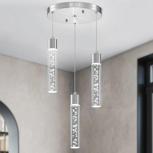 Pendant Lights Kitchen Island, 3-Light Brushed Nickel Cluster Pendant Light Fixtures, LED 6000K Kitchen Island Lights, Modern Hanging Light Fixture, Pendant Lighting for Dining Room Living Room