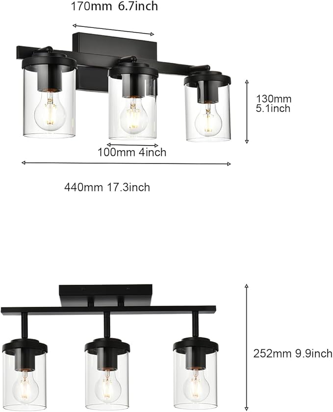 BONLICHT Industrial Vintage Indoor Wall Mount Spotlight 3 Light Modern Semi Flush Mount Ceiling Light Black Adjustable Track Lighting Kit Rustic Bathroom Vanity Light Fixture with Clear Glass Shade