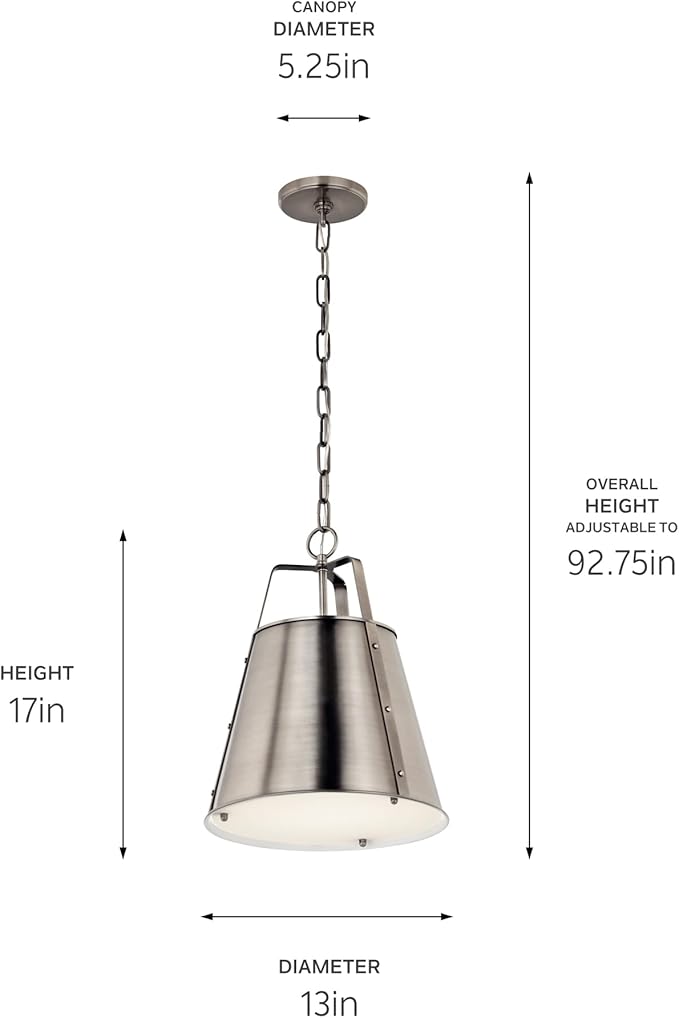 Kichler Etcher 1-Light Pendant Light Fixture with Etched Painted White Glass Diffuser, Kitchen Island Hanging Light in Classic Pewter for Dining Room (17" x 13"), 52710CLP