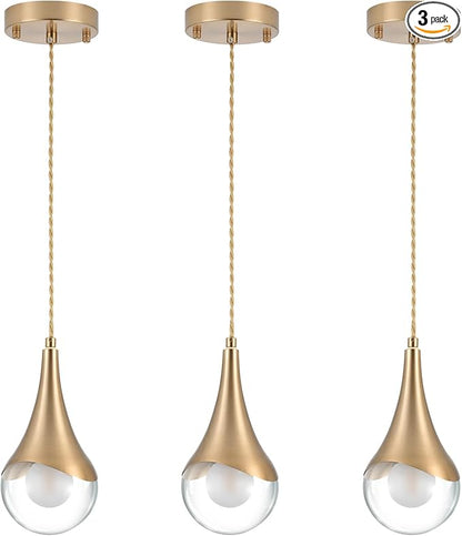 MWZ Gold Pendant Lights Kitchen Island 3 Pack, Modern Brass Raindrop Pendant Light Fixture Over Table with Clear Glass Globe Shade,Mini Teardrop Chandelier,Adjustable Cord Hanging Lighting for Sink