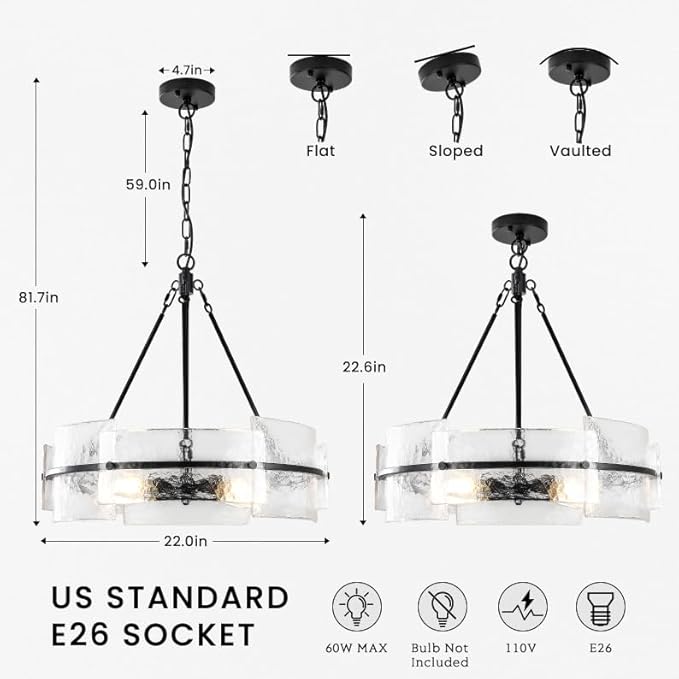 Modern Dining Room Chandelier 22” Black Textured Glass Chandelier Luxury Drum Crystal Light Fixture Farmhouse Round Hanging Lighting for Dining Room Kitchen Island Living Room Hallway Bedroom