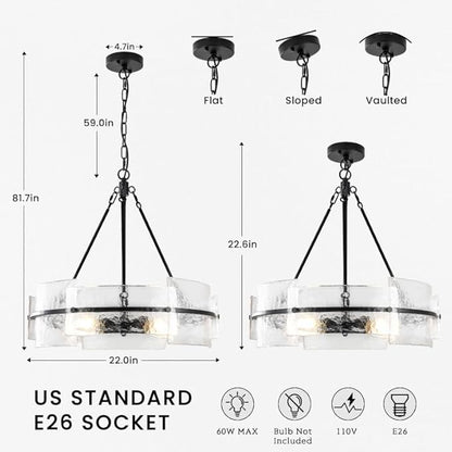 Modern Dining Room Chandelier 22” Black Textured Glass Chandelier Luxury Drum Crystal Light Fixture Farmhouse Round Hanging Lighting for Dining Room Kitchen Island Living Room Hallway Bedroom